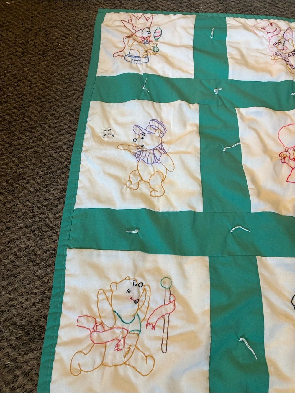 Hand-Embroidered Green and white Baby Quilt - Winnie-the-Pooh Motifs